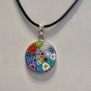 Italian Venetian Millefiori Colorful Glass Silver Pendant